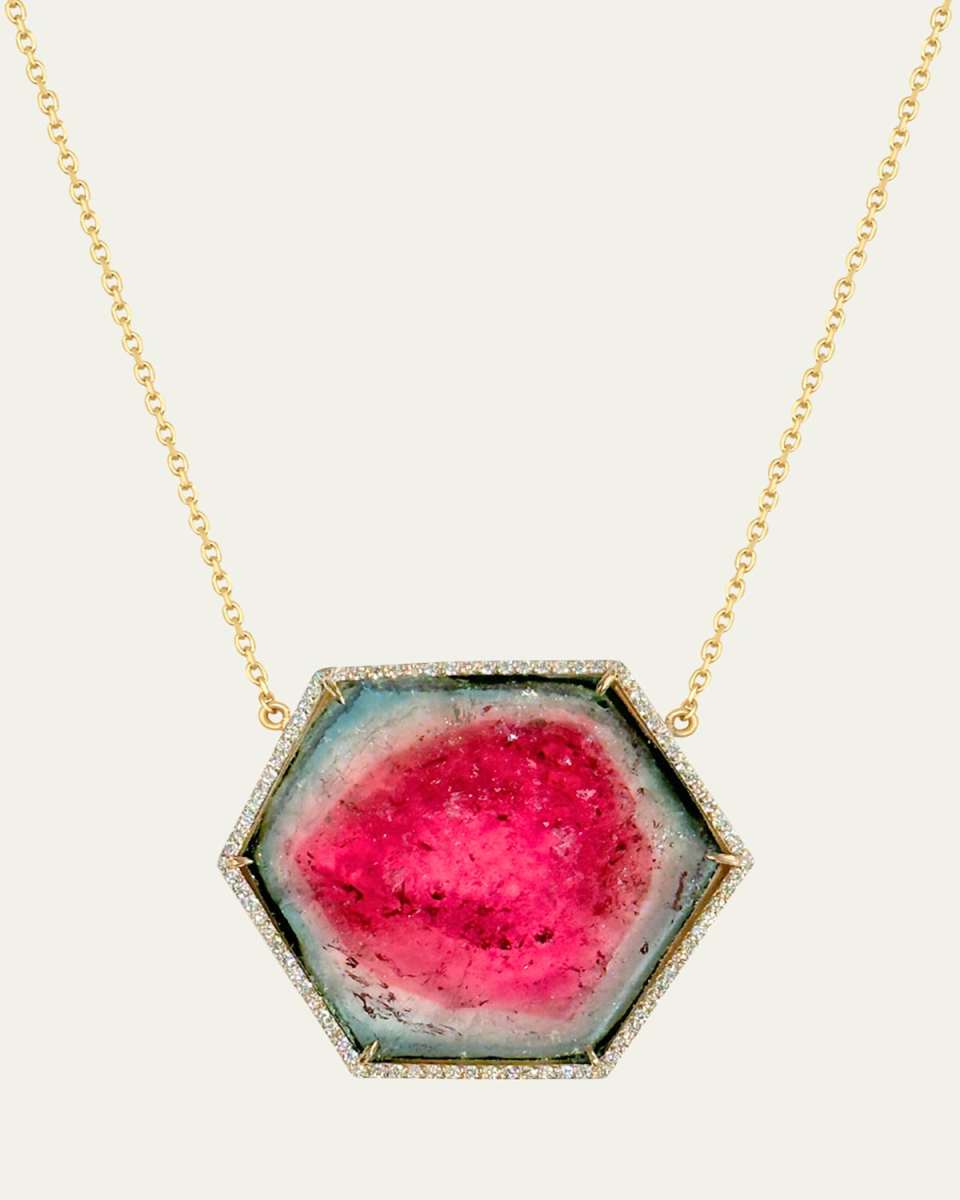 Tourmaline Slice and Diamond Halo Necklace